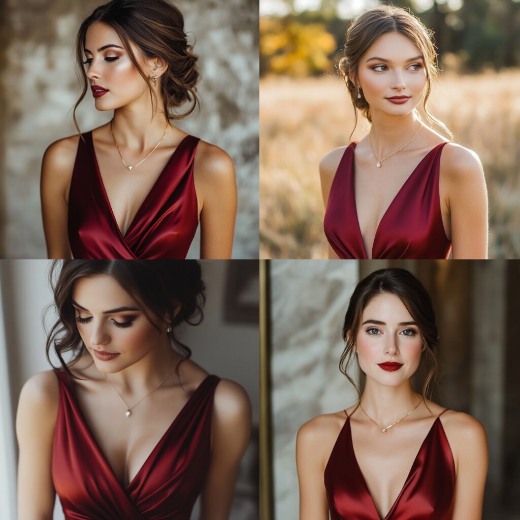 Wine red satin wrap bridesmaid dress offering both elegance and comfort, paired with gold jewelry and bold makeup for a classic winter wedding look.