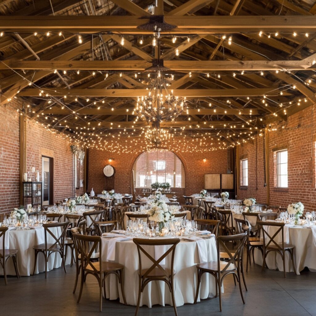 Winery or vineyard wedding venue with rustic charm, wood beams, and brick interiors, perfect for a warm and elegant New Year’s celebration.