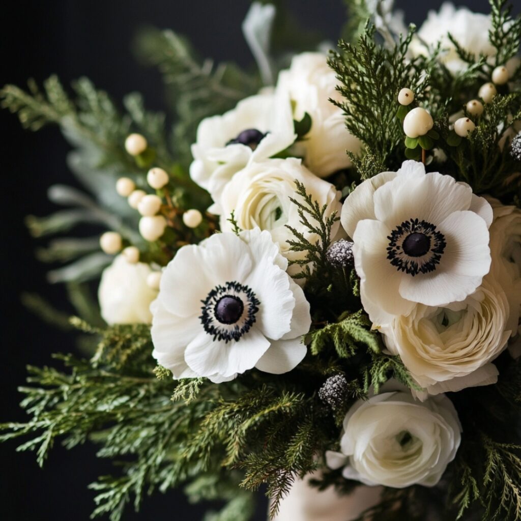 A sophisticated winter wedding bouquet with white anemones and fir branches, creating an elegant and festive arrangement for December weddings.