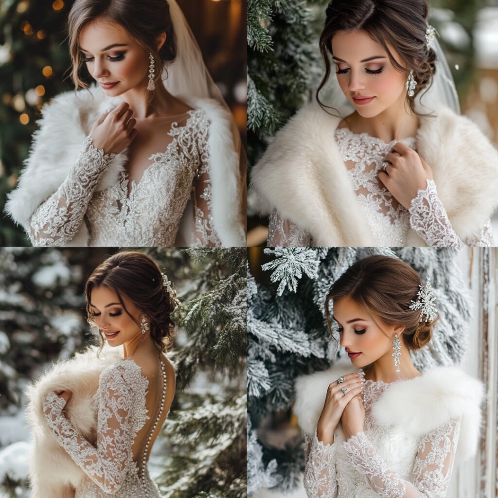 A bride in an elegant long-sleeve lace gown with a faux fur stole, sparkling crystal accessories, perfect for a winter Christmas wedding.