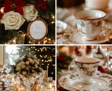 A romantic winter Christmas wedding scene with festive décor, warm beverages, and cozy candlelit ceremonies, creating a magical and unforgettable celebration filled with love, joy, and holiday cheer.