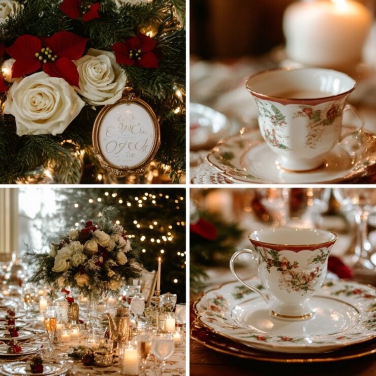 A romantic winter Christmas wedding scene with festive décor, warm beverages, and cozy candlelit ceremonies, creating a magical and unforgettable celebration filled with love, joy, and holiday cheer.