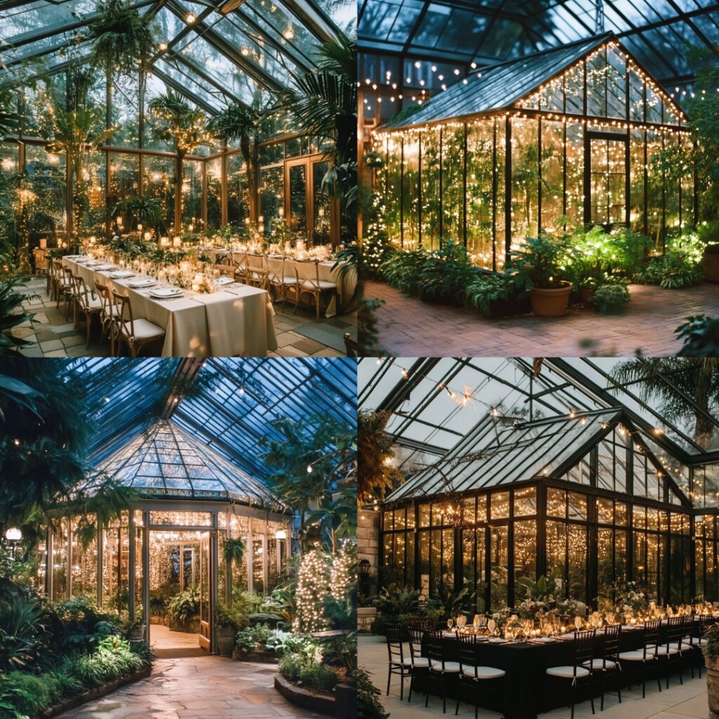 A glass-enclosed winter garden conservatory surrounded by lush greenery and twinkling lights, ideal for a nature-inspired December wedding.