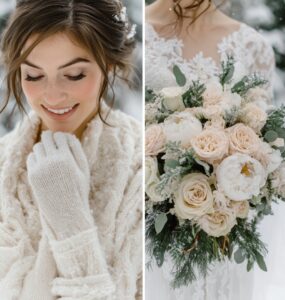 Bridal accessories showcasing a cohesive winter wedding look, including cozy wraps, elegant gloves, and floral bouquets, enhancing style and comfort.