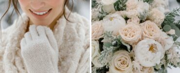 Bridal accessories showcasing a cohesive winter wedding look, including cozy wraps, elegant gloves, and floral bouquets, enhancing style and comfort.