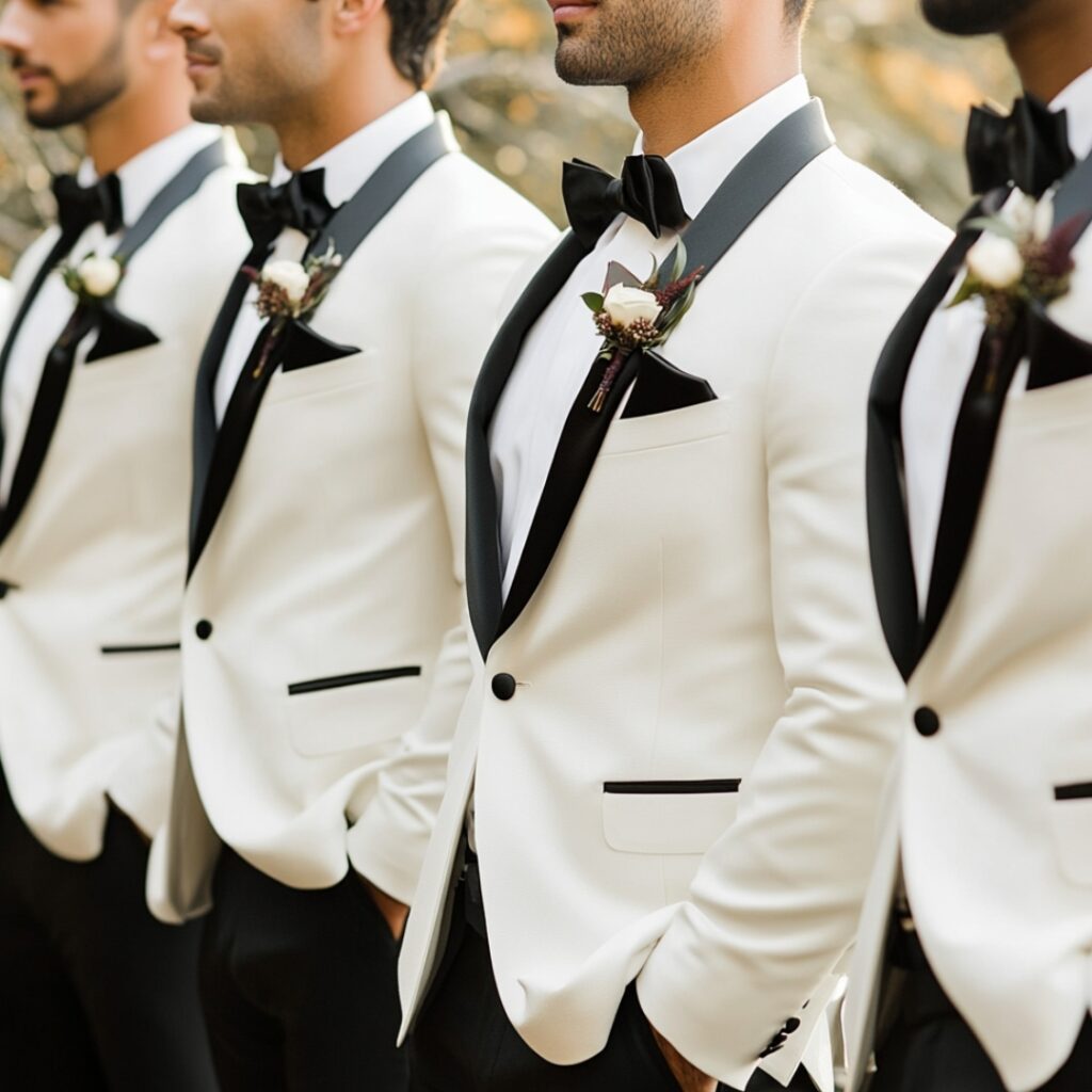 Groomsmen sporting winter white jackets with black pants and black bow ties, offering a bold, elegant look for an upscale winter wedding.