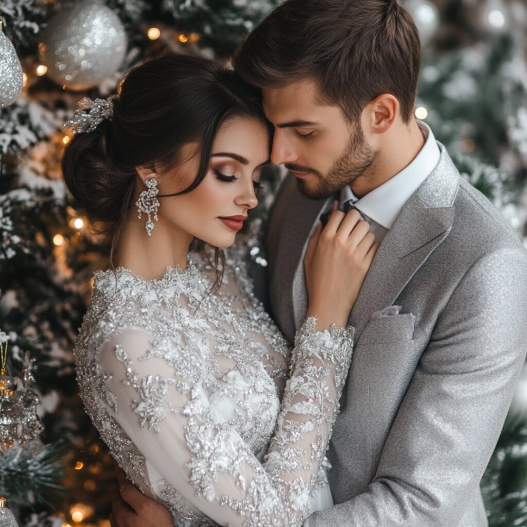 A chic couple dressed for a Christmas wedding, with the woman in a white gown with silver embroidery and the man in a silver-gray suit and white shirt.