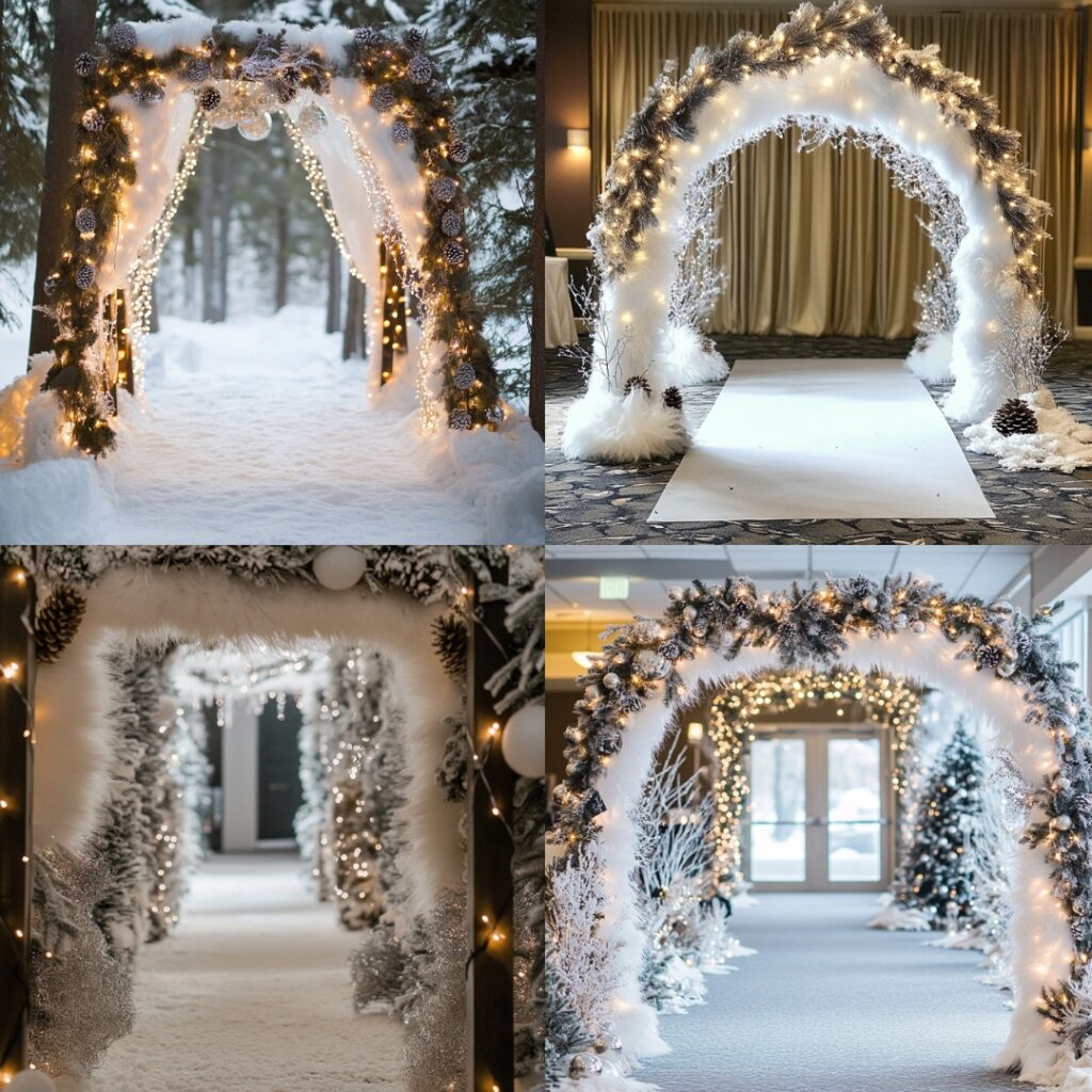A winter wonderland-inspired wedding archway decorated with white faux fur, silver tinsel, twinkling lights, frosted pinecones, and snow-dusted branches.