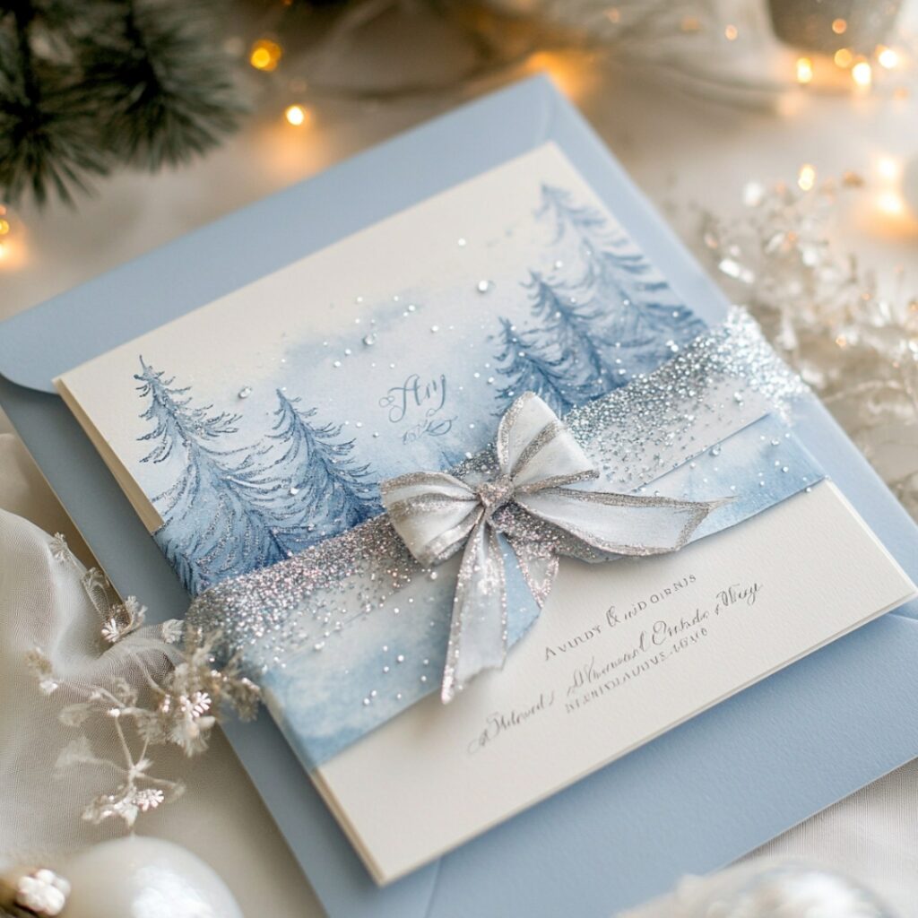 A winter wonderland wedding invitation with illustrations of snow-covered trees, glittering snowflakes, and twinkling lights in soft blue and silver, evoking a magical winter scene.
