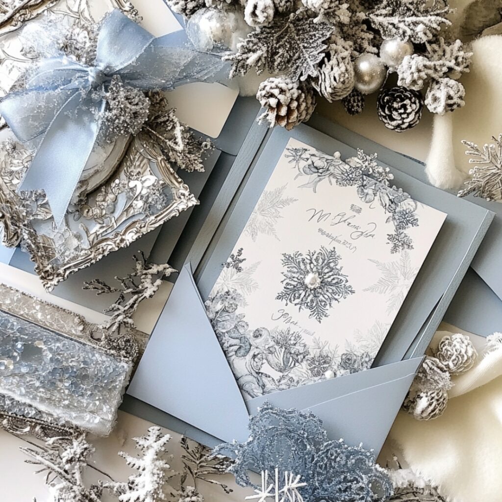 Serene New Year's wedding invitation with Winter Wonderland theme, featuring soft blues, silvers, snowy details, and delicate snowflakes for an elegant and cozy winter feel.
