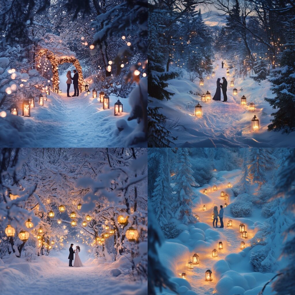 A snowy landscape with a romantic path of lanterns leading to a cozy spot where a couple stands, with one partner proposing, creating a winter wonderland scene.