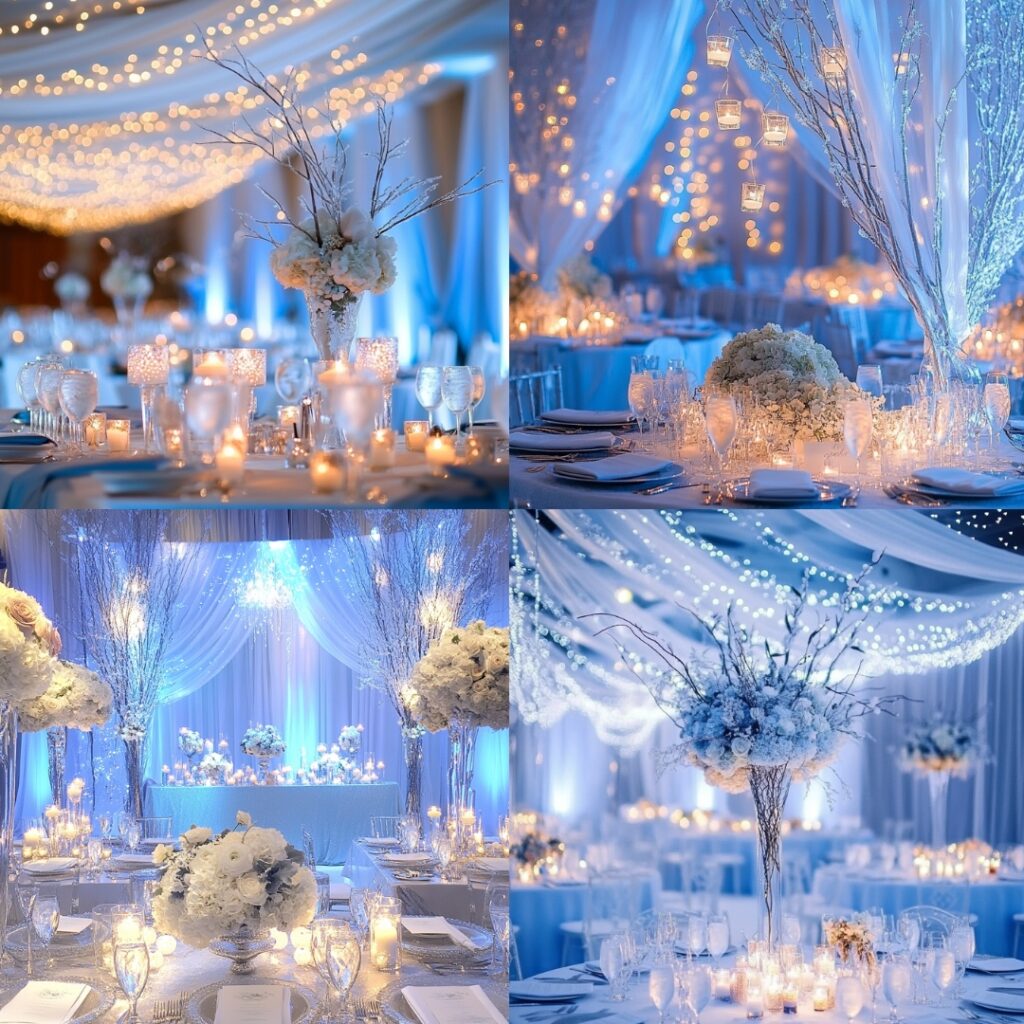 A stunning Winter Wonderland wedding setup featuring snowy white, silver, and icy blue décor with twinkling fairy lights and frosted accents.
