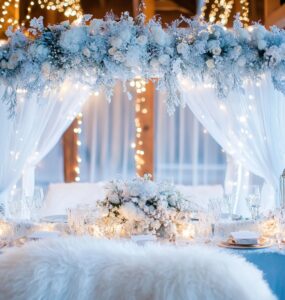 A beautifully decorated winter wonderland wedding featuring frosted décor, winter florals, cozy luxurious touches, and sparkling lights, creating an enchanting and unforgettable experience for guests.