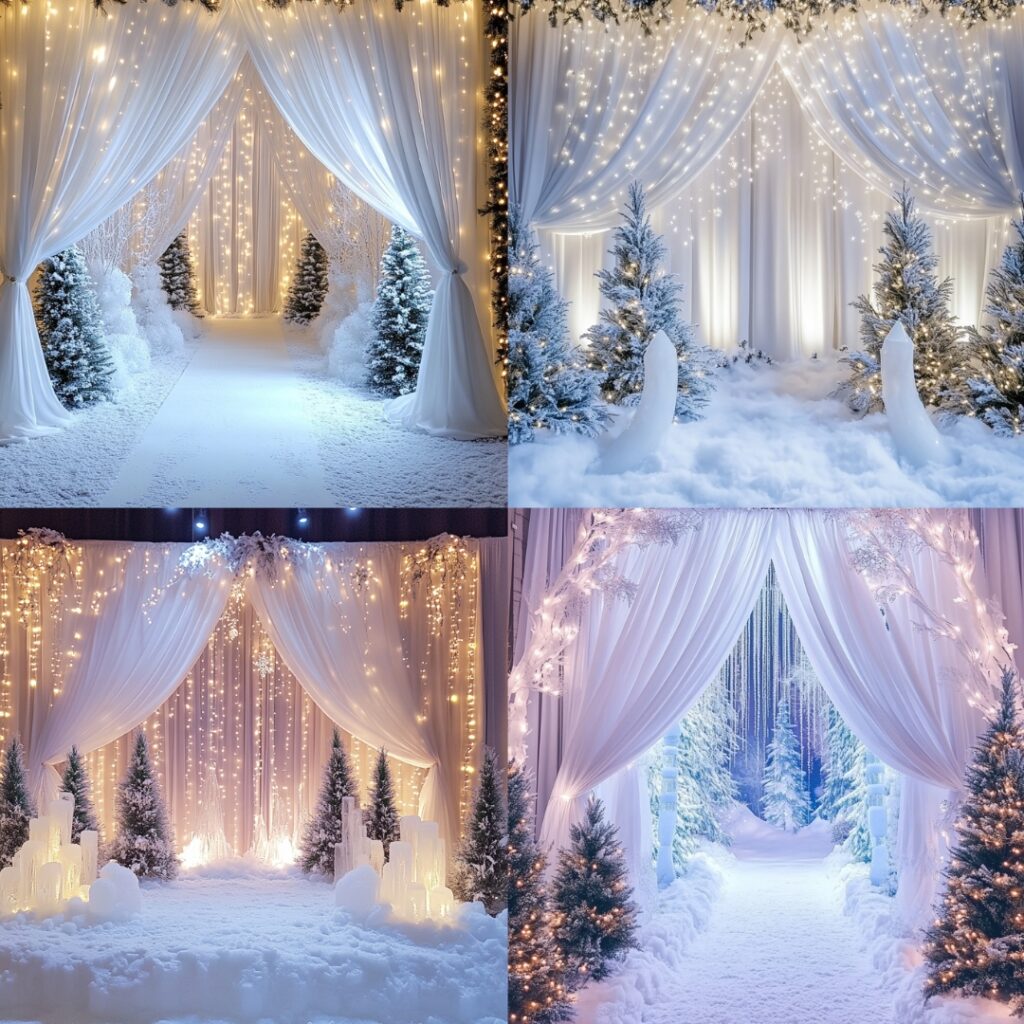 A magical winter wonderland wedding backdrop with white drapes, twinkling fairy lights, snow-dusted pine trees, and sparkling ice sculptures for a breathtaking scene.