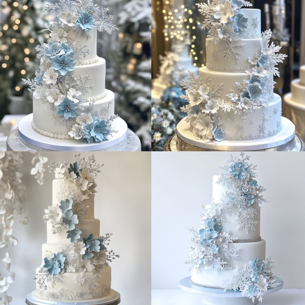 A white winter wonderland wedding cake adorned with shimmering snowflake designs, edible glitter, and cascading sugar flowers in icy blue and silver hues.