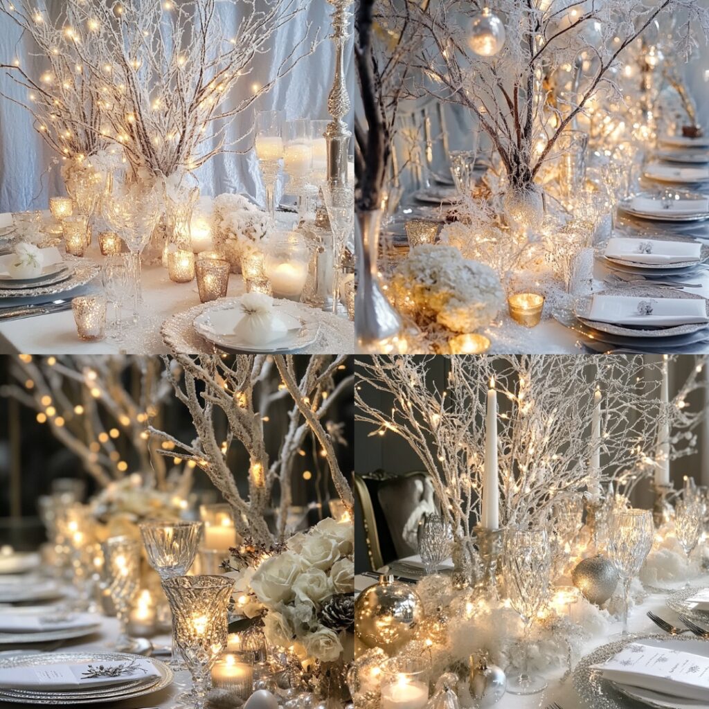 Stunning winter wonderland centerpieces with frosted branches, glowing fairy lights, snowy textures, and silver accents for an enchanting table setting.