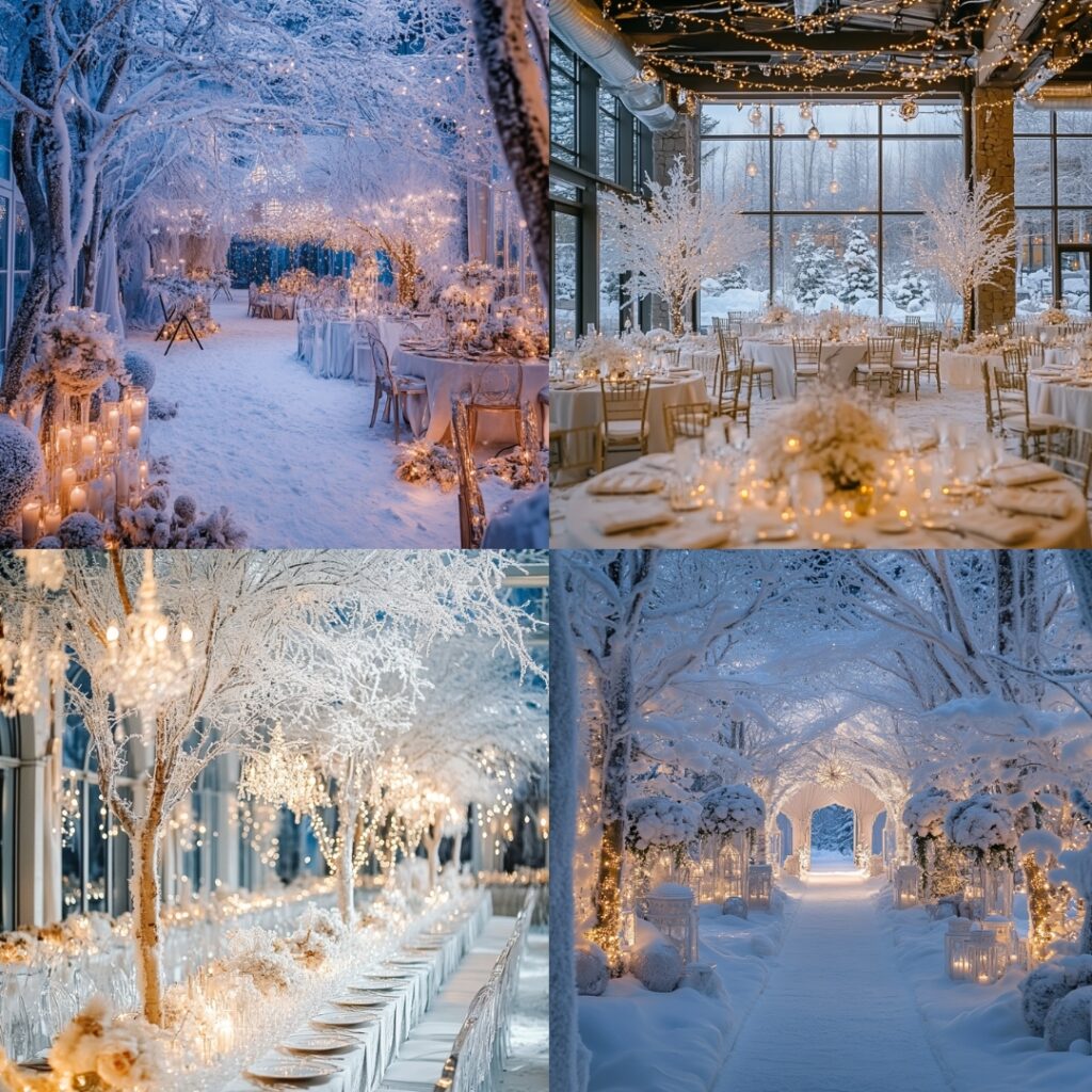 A magical winter wonderland wedding venue with icy trees, frosted windows, and a snow-covered landscape, enhanced by twinkling lights and winter décor.