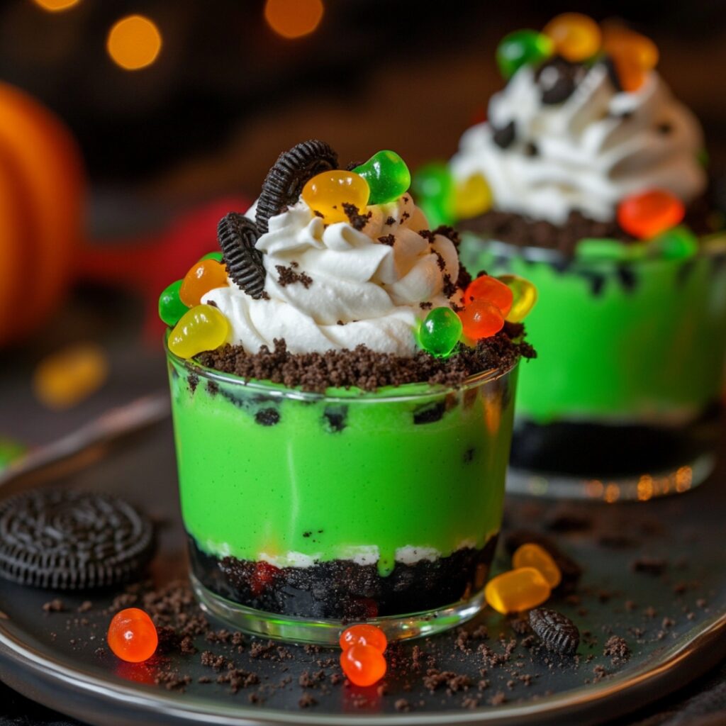 Vibrant green witch’s brew pudding cups layered with crushed Oreo dirt and gummy worms, topped with whipped cream, creating a playful Halloween dessert for guests.