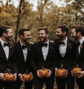 Groomsmen in Halloween-themed attire enhance the wedding celebration, showcasing outfits that combine creativity and elegance, ensuring a memorable event.