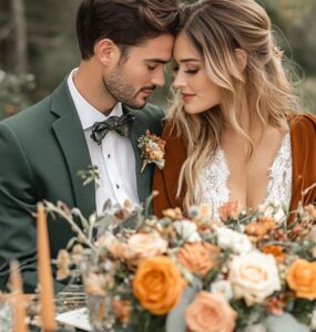 An elegant winter wedding color palette featuring rust and forest green tones, creating a warm and sophisticated atmosphere.