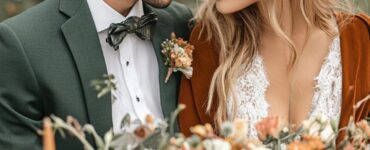 An elegant winter wedding color palette featuring rust and forest green tones, creating a warm and sophisticated atmosphere.