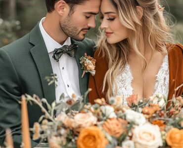 An elegant winter wedding color palette featuring rust and forest green tones, creating a warm and sophisticated atmosphere.
