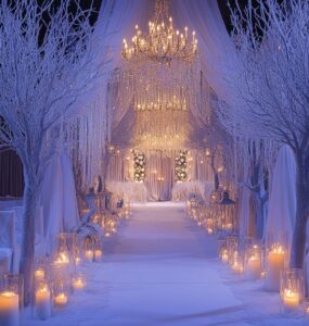 Winter wedding ceremony with aesthetic decor featuring frosted branches, candles, crystal chandeliers, and fairy lights, creating a cozy and elegant ambiance for a magical winter wonderland theme.