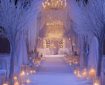 Winter wedding ceremony with aesthetic decor featuring frosted branches, candles, crystal chandeliers, and fairy lights, creating a cozy and elegant ambiance for a magical winter wonderland theme.