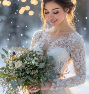 An elegant winter bride standing in a snowy landscape, wearing a lace gown and holding a bouquet, surrounded by soft twinkling lights and a serene backdrop.