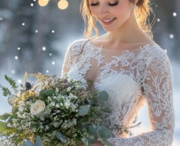 An elegant winter bride standing in a snowy landscape, wearing a lace gown and holding a bouquet, surrounded by soft twinkling lights and a serene backdrop.