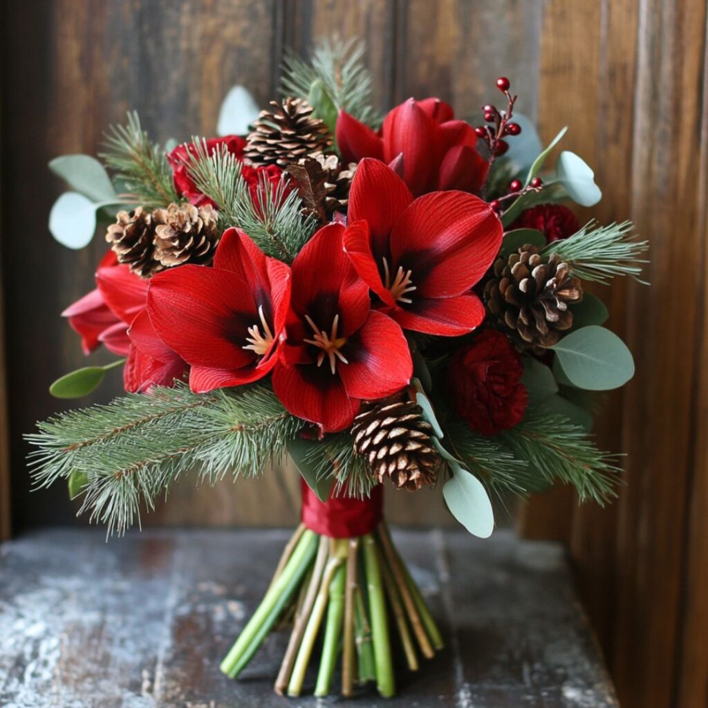 Rustic winter wedding bouquet with red amaryllis, pinecones, and magnolia leaves, celebrating natural textures and the beauty of January.