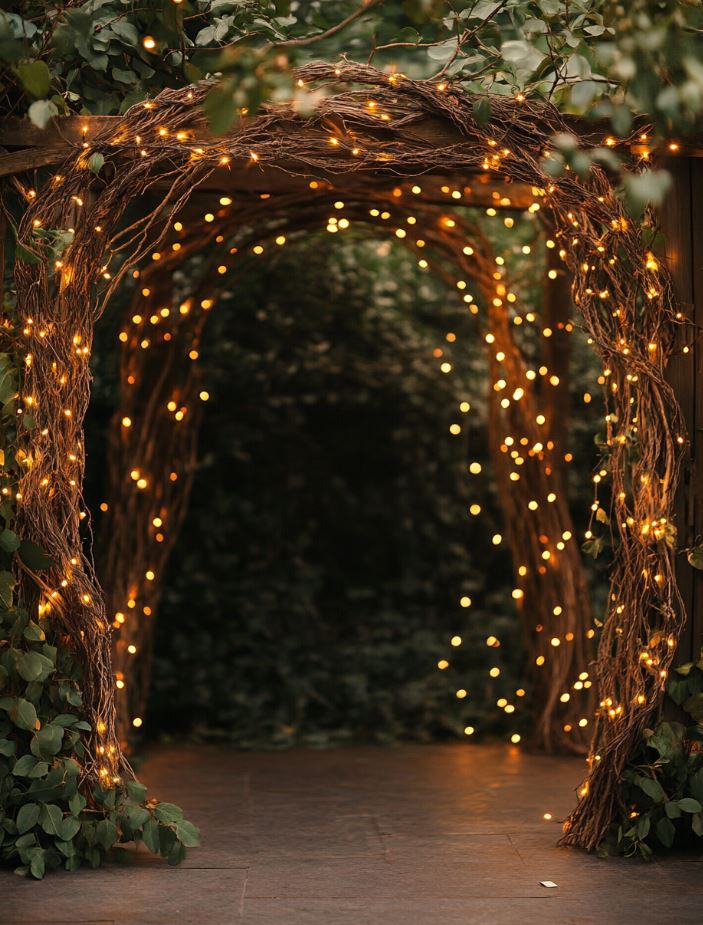 Rustic wedding backdrop featuring an archway made of intertwined twisted branches adorned with glowing fairy lights.