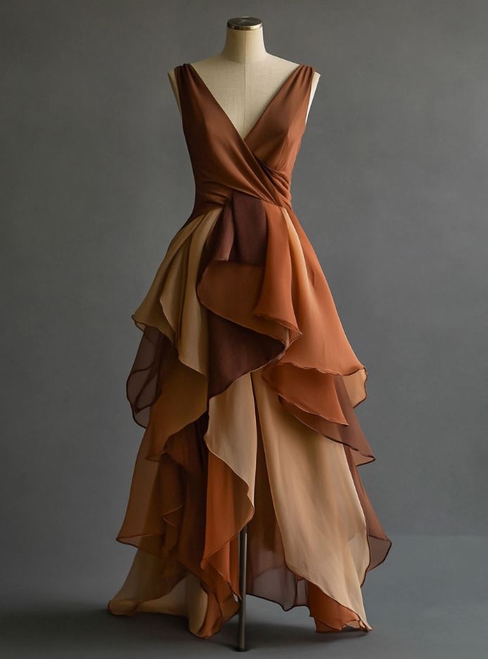 A modern asymmetrical hemline dress with a unique design, featuring flowing fabric in earthy tones, perfect for rustic wedding guest attire.