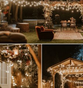 Cozy backyard winter wedding setup with twinkling string lights, a rustic wooden arch, and seasonal decor, creating a magical and intimate atmosphere.