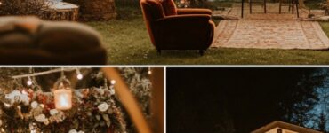 Cozy backyard winter wedding setup with twinkling string lights, a rustic wooden arch, and seasonal decor, creating a magical and intimate atmosphere.