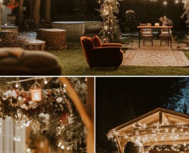 Cozy backyard winter wedding setup with twinkling string lights, a rustic wooden arch, and seasonal decor, creating a magical and intimate atmosphere.