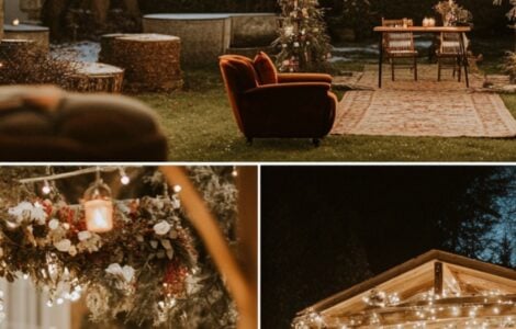 Cozy backyard winter wedding setup with twinkling string lights, a rustic wooden arch, and seasonal decor, creating a magical and intimate atmosphere.