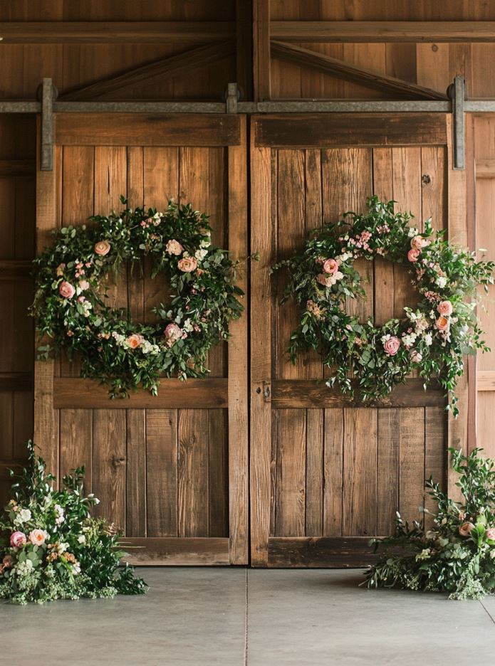 Rustic barn door backdrop for a wedding ceremony, decorated with floral wreaths and greenery for a warm, vintage touch.
