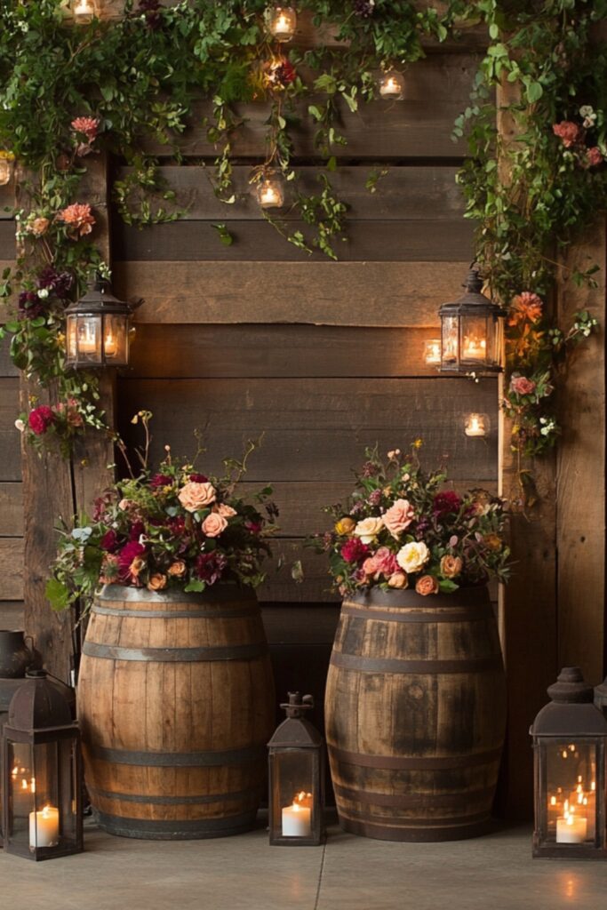 A rustic wedding backdrop featuring stacked wooden barrels, vintage lanterns with candles, and seasonal floral arrangements, perfect for barn or countryside settings.