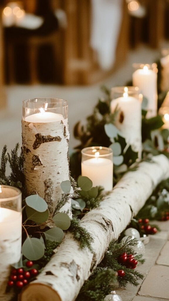 Rustic birch logs with white candles, eucalyptus, and holly berries placed along a winter wedding aisle, creating a cozy woodland vibe.