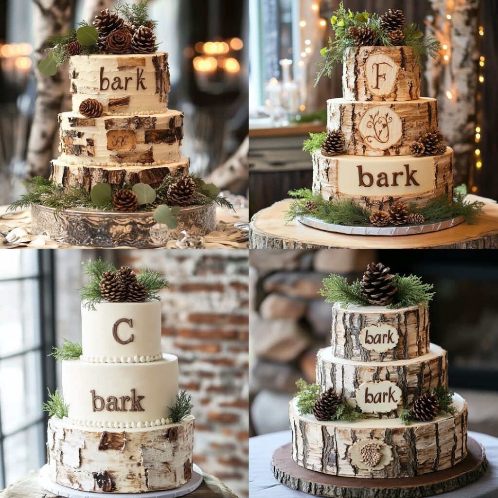 A rustic birch bark-inspired wedding cake with textured "bark" and carved initials, accented with pinecones and greenery, ideal for winter woodland themes.