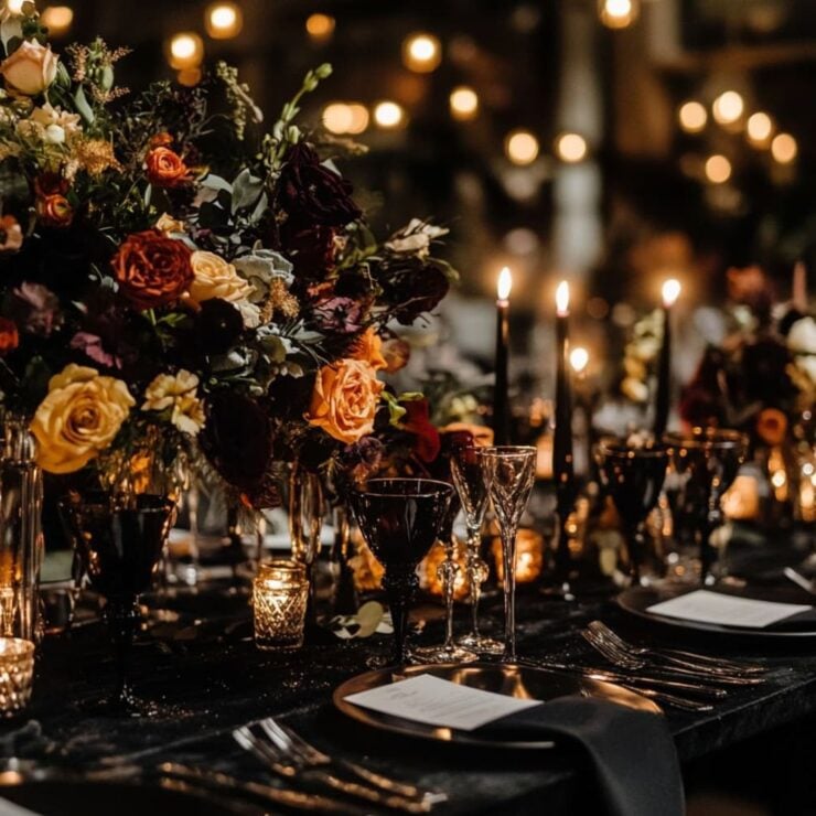 Elegant black aesthetic winter wedding decor, featuring velvet textures, candlelit tablescapes, and dark floral arrangements for a sophisticated seasonal celebration.