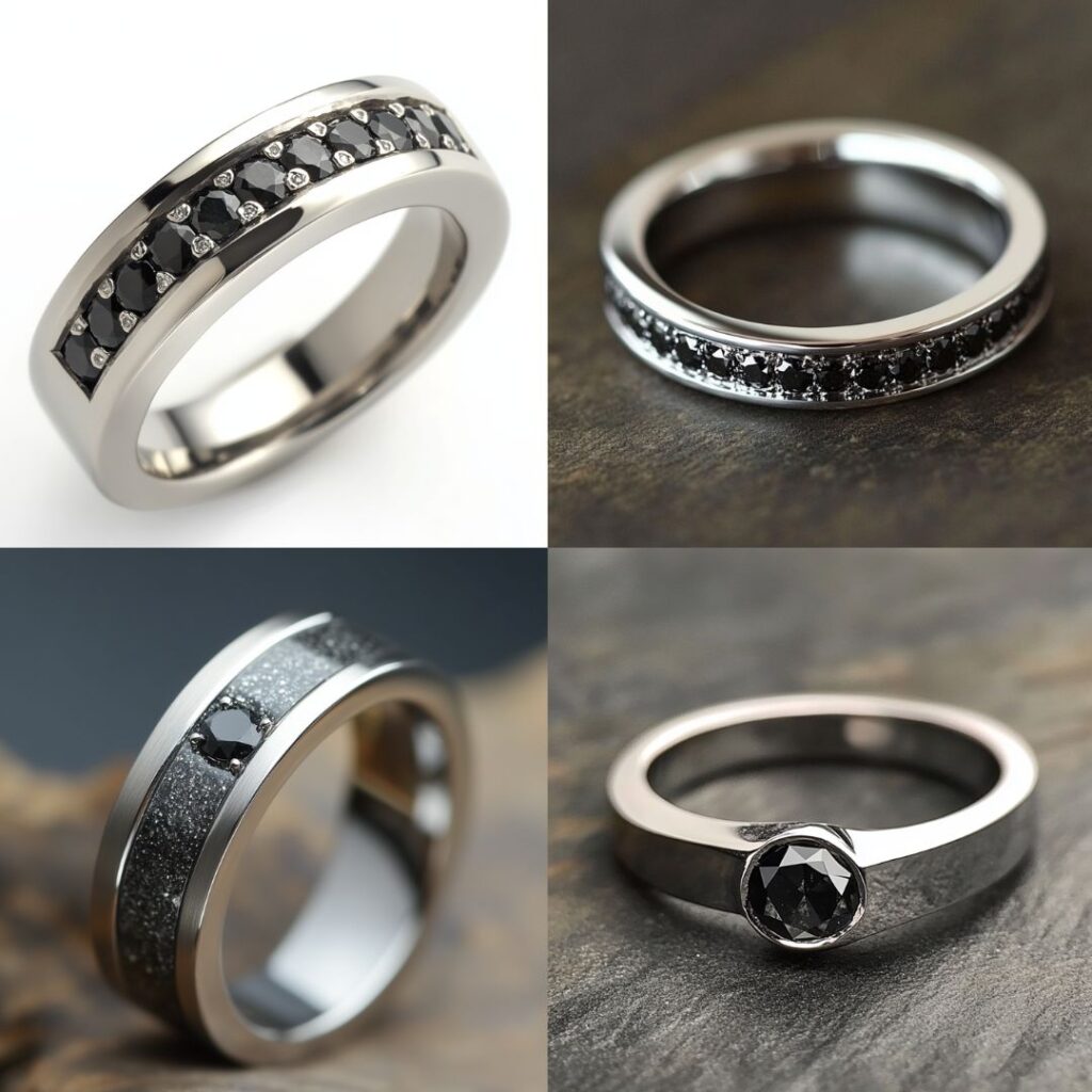 A modern black diamond wedding ring in platinum, providing a dramatic and sophisticated contrast for winter weddings.
