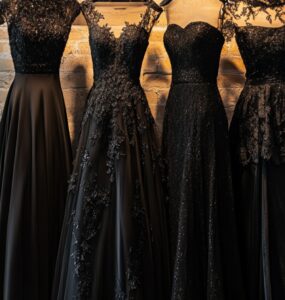 An elegant display of various black dresses styled for winter weddings, showcasing velvet, satin, lace, and sequin designs to suit formal and semi-formal celebrations.