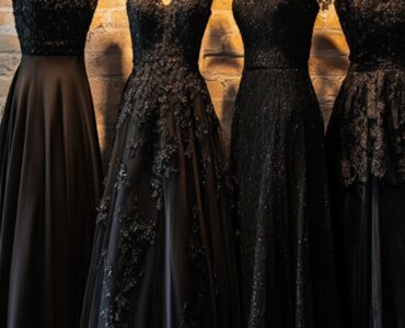 An elegant display of various black dresses styled for winter weddings, showcasing velvet, satin, lace, and sequin designs to suit formal and semi-formal celebrations.