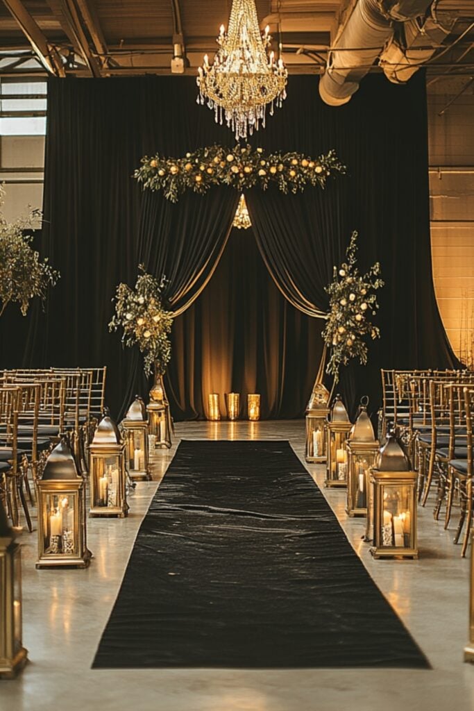 Magical black and gold wedding ceremony setup featuring black drapery, gold garlands, golden chairs, and black lanterns with gold candles lining the aisle.