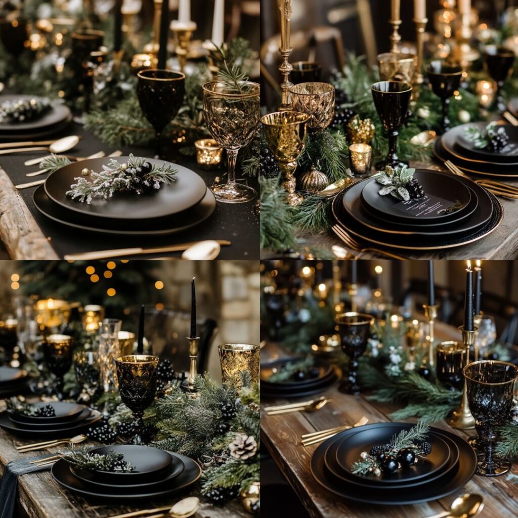 Black and gold table setting with matte black plates, gold-accented glassware, and candle holders, enhanced with evergreen sprigs and frosted berries for a moody winter wedding.