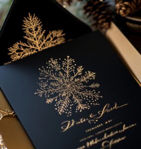 A luxurious black and gold wedding invitation surrounded by winter-themed decorations, including gold accents and black snowflake designs, setting the tone for an elegant winter celebration.