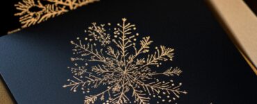 A luxurious black and gold wedding invitation surrounded by winter-themed decorations, including gold accents and black snowflake designs, setting the tone for an elegant winter celebration.