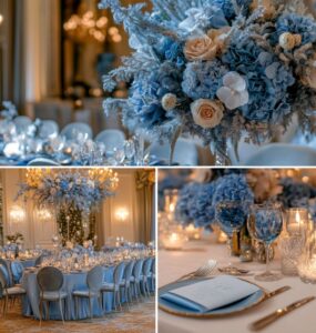 Elegant winter wedding decor with blue aesthetic details, including frosty blue floral arrangements, velvet table settings, and subtle lighting, creating a serene, fairytale-like atmosphere.